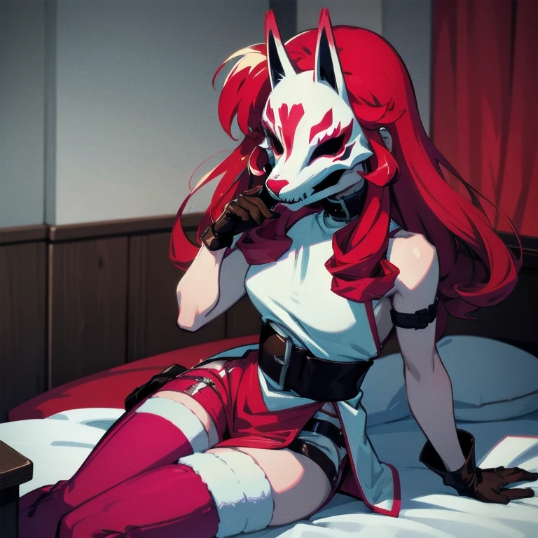 neonred, fox mask, sleeveless, gloves, thighhighs, knee boots, belt, red hair, 1girl, solo, facing viewer, looking at viewer, upper body.
