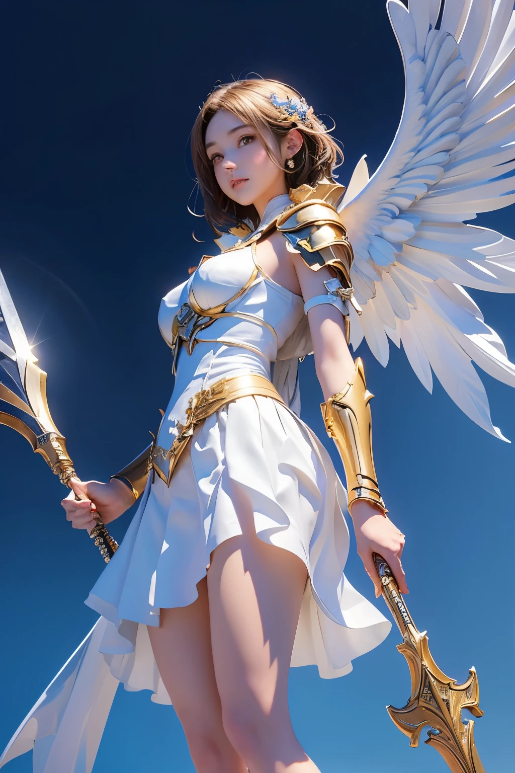 8K, masterpiece, ((angel of justice)),(Reflect the dizzying light on the blade), white feathers, Equipped with golden armor over a white dress,shining eyes,blue sky background, wrap skirt,