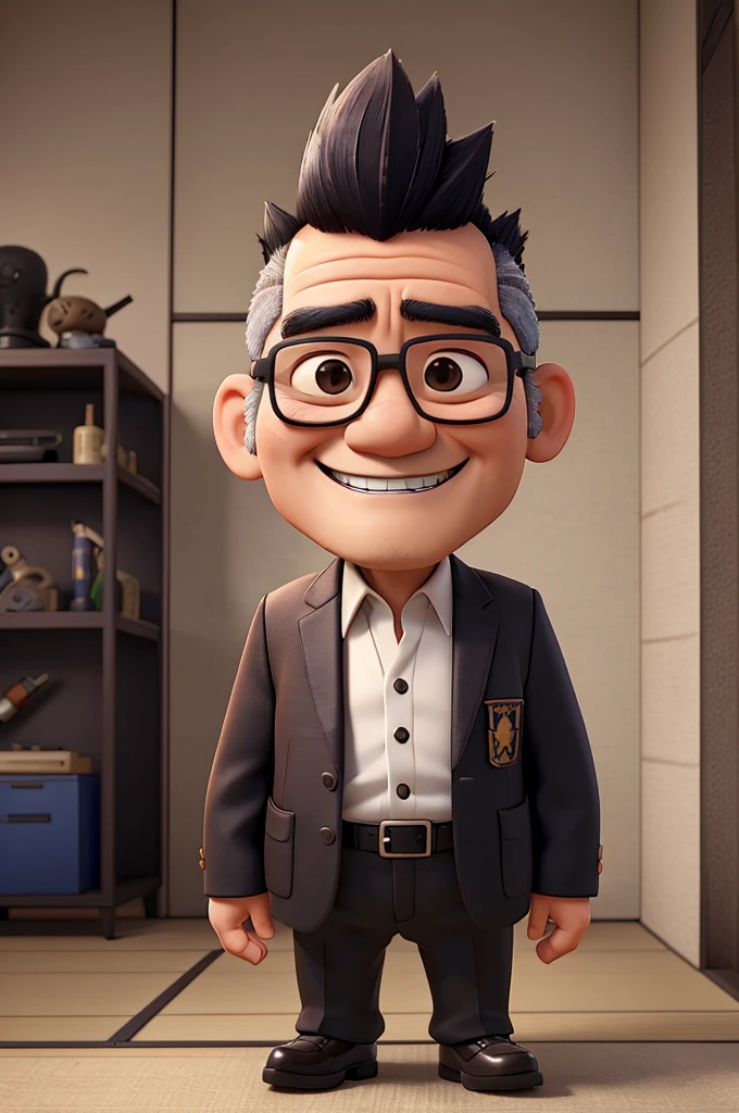 A 50-year-old Japanese man wearing glasses, A little bad guy, Hair is short soft mohawk,Wearing a suit,Has an assault rifle,Grin