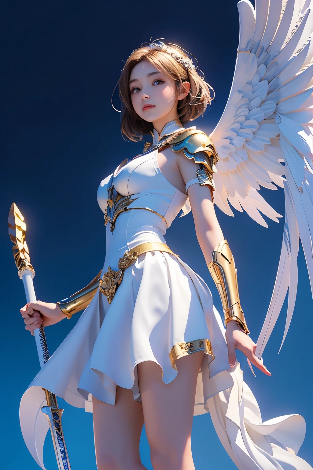 8K, masterpiece, ((angel of justice)),(Reflect the dizzying light on the blade), white feathers, Equipped with golden armor over a white dress,shining eyes,blue sky background, wrap skirt,