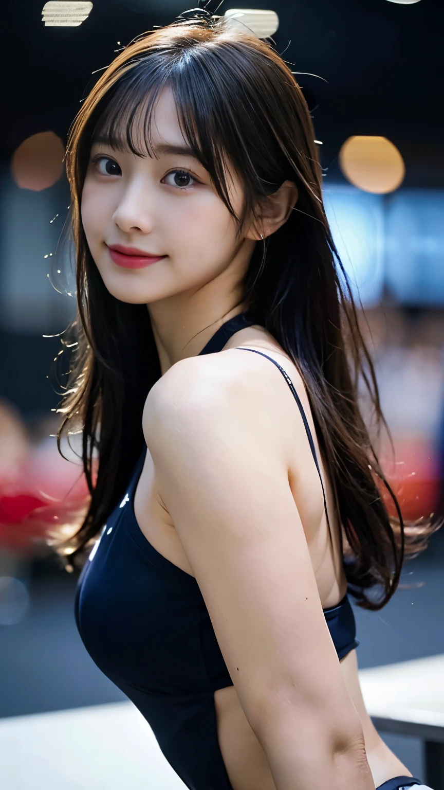 (8K, RAW Photos, Highest quality, masterpiece:1.2), (Realistic, photo-Realistic:1.4), (Highly detailed 8K wallpaper), Beautiful woman, Delicate features, Sexy Looks, (Sensual look), Are standing, Looking at the audience, Black Hair, Diagonal bangs、smile、sexy messy hair, Brown eyes, Japanese Idol, 18-year-old, Blurry background in focus, Navy blue and white swimsuit, Ultra-thin bikini, Cinema Lighting