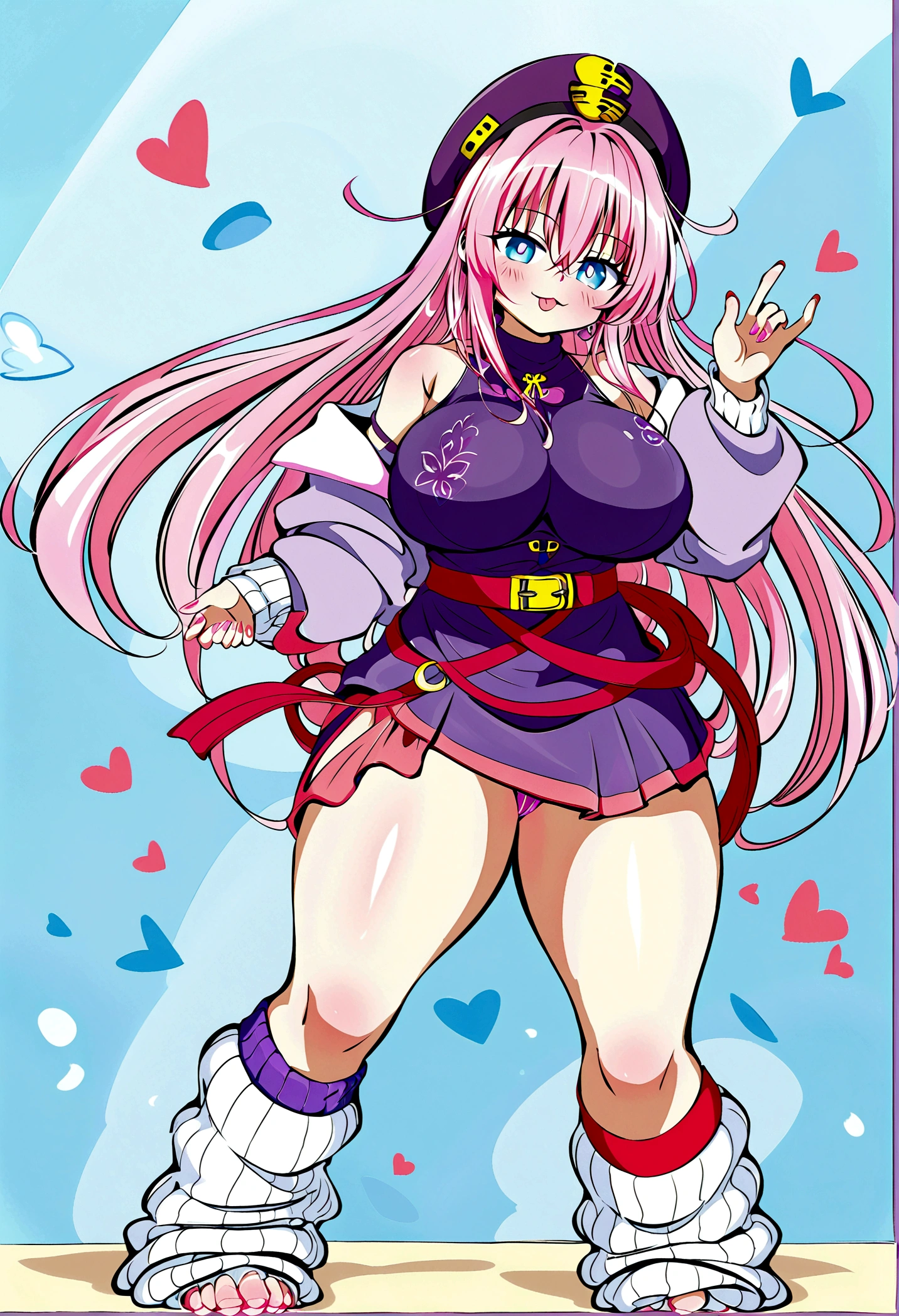 To Love-Ru、Purple off-the-shoulder mini skirt dress、Pink Hair、Big Breasts、Light purple loose socks、Provocative look、Raw thighs、Light blue eyes、Belt only on left thigh、Are standing