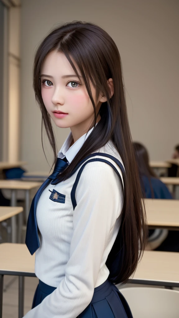 8K, Highest quality, Tabletop:1.2), (Realistic, Photorealistic:1.37), Highest quality, Tabletop, Beautiful young woman, Pensive expression,、attractive、そしてattractive表情, high school girl uniform, Tie your hair back, Movie Background, Light skin tone