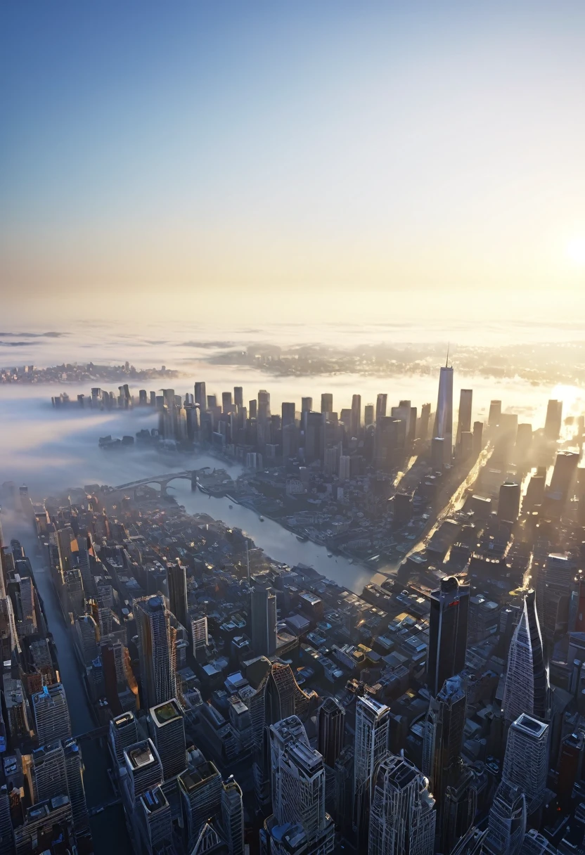 (masterpiece:1.3), (8K, Photorealistic, RAW Photos, Best image quality: 1.4)masterpiece, Ultra high resolution high resolution 1 female、(so beautiful)、(Beautiful Face:1.5)、Smile at the rising sun、The fog of dawn begins to melt、A bustling city awakens dreams、Turning around in the morning sun