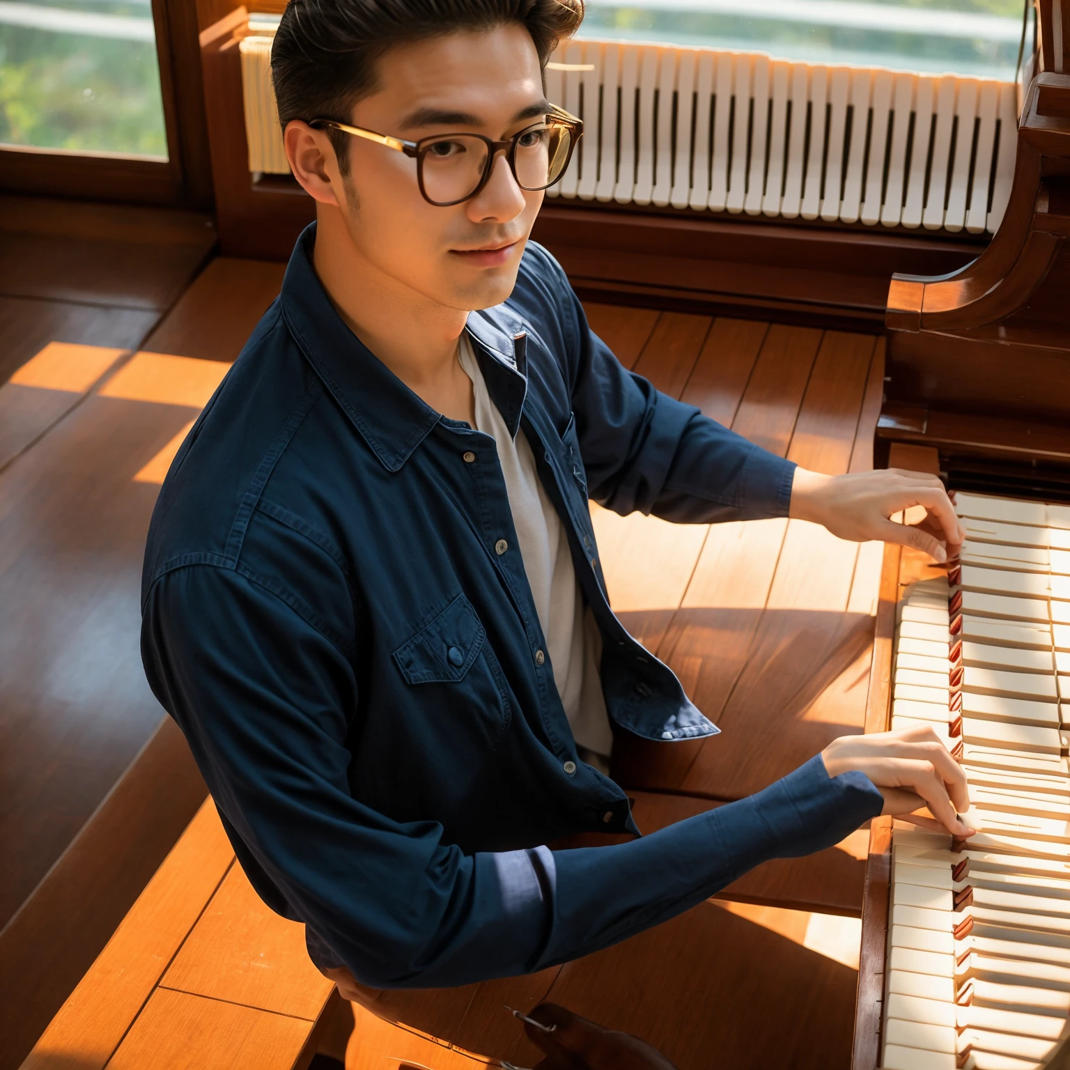 Perfect body handsome teenager, wear big glasses, japanease, long hair make a bun on the head , photo shoot from 45 degree bird eye view, vintage room, realistic style, 4k, happy in the eye, very focus on piano, professional photoshoot, nice composition, wear loose navy colour shirt, charming, natural light from window, outside window is forrest, he is playing piano intensionally, Look at the piano, artist feeling