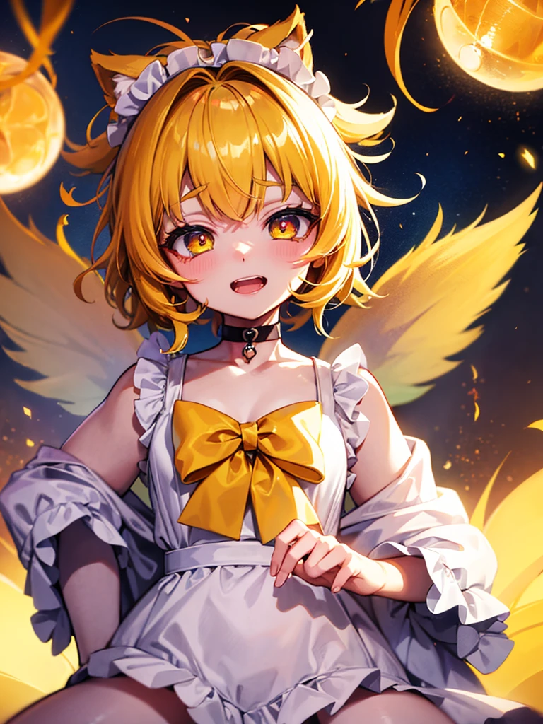 1baby loli anime girl, nekomimi, portrait, loli anime girl with short yellow hair wearing maid outfit, yellow hair, (green emelard eyes), close up face, detailed eyes, detailed hair, emotional lovely happy expression, crystal glowing eyes, cinematic lighting, extremely detailed body, face, clothes, (best quality,4k,8k,highres,masterpiece:1.2),ultra HD, masterpiece, very very anime style, bokeh, starry shining lighting, original characters, low angle,