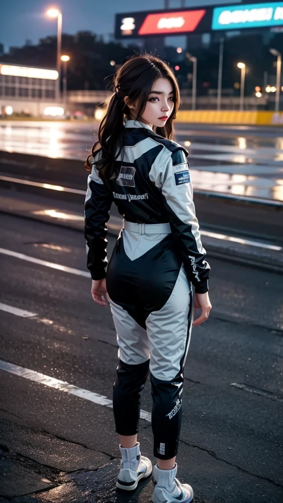  girl 23-year-old Hairstyle Casual,  wearing racing suit on race track at evening and rainy