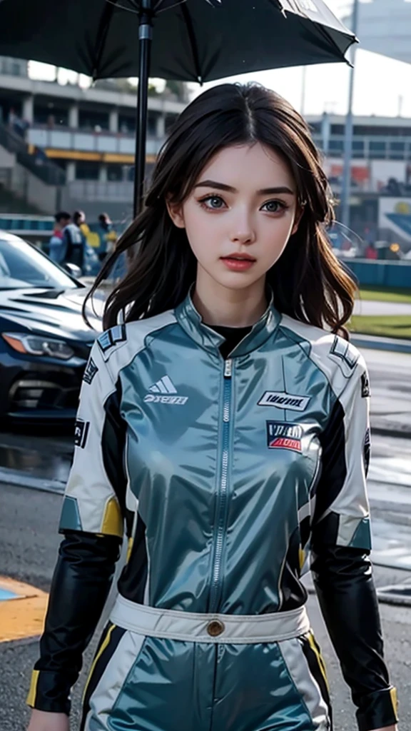 girl 23-year-old Hairstyle Casual, wearing racing suit on race track at evening and rainy