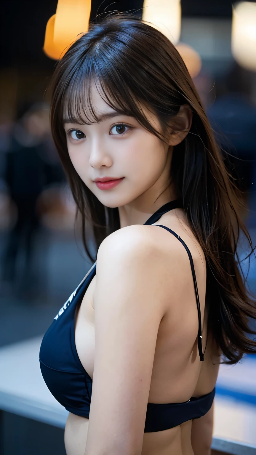 (8K, RAW Photos, Highest quality, masterpiece:1.2), (Realistic, photo-Realistic:1.4), (Highly detailed 8K wallpaper), Beautiful woman, Delicate features, Sexy Looks, (Sensual look), Are standing, Looking at the audience, Black Hair, Diagonal bangs、smile、sexy messy hair, Brown eyes, Japanese Idol, 18-year-old, Blurry background in focus, Navy blue and white swimsuit, Ultra-thin bikini, Cinema Lighting