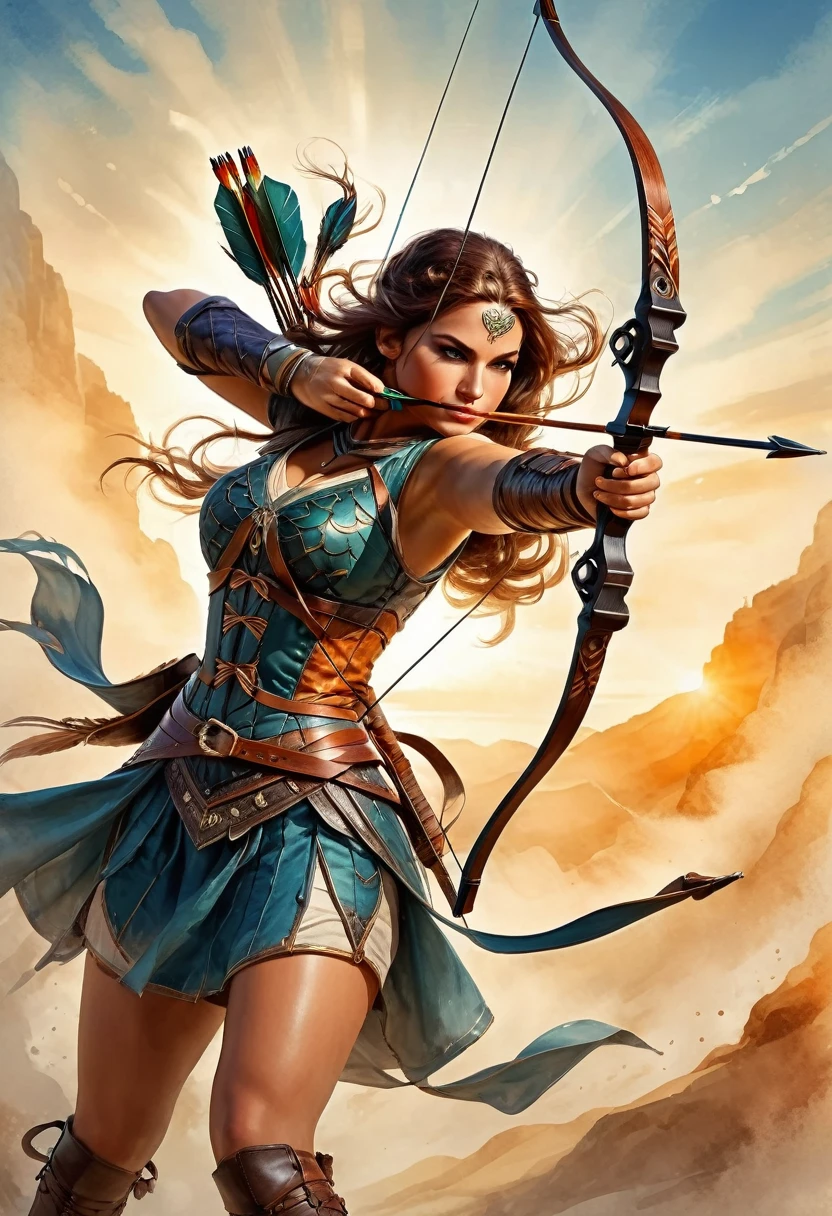 a watercolor illustration of a female archer, silhouette artwork, as the sun rises, fantasy art, ), sunrising behind the archer, ready to act,  ultra feminine, with a long curvy hair, dynamic hair color, dynamic bow sting drawn to the cheek , arrow ready to be shot, arrow tip glimmers, sunrays, divine rays, high details, best quality, 16k, [ultra detailed], masterpiece, best quality, (extremely detailed), dynamic angle, Aiming a Bow, bow (weapon)