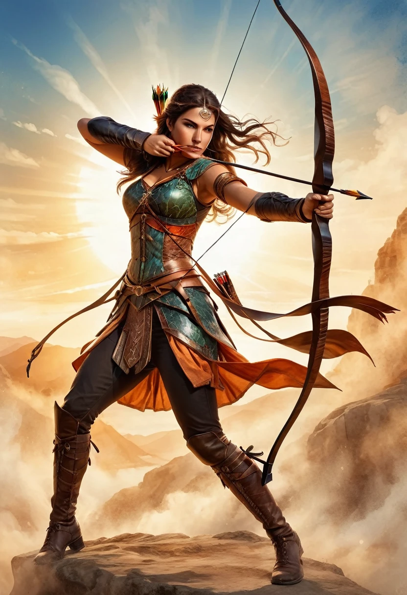 a watercolor illustration of a female archer, silhouette artwork, as the sun rises, fantasy art, ), sunrising behind the archer, ready to act,  ultra feminine, with a long curvy hair, dynamic hair color, dynamic bow sting drawn to the cheek , arrow ready to be shot, arrow tip glimmers, sunrays, divine rays, high details, best quality, 16k, [ultra detailed], masterpiece, best quality, (extremely detailed), dynamic angle, Aiming a Bow, bow (weapon)