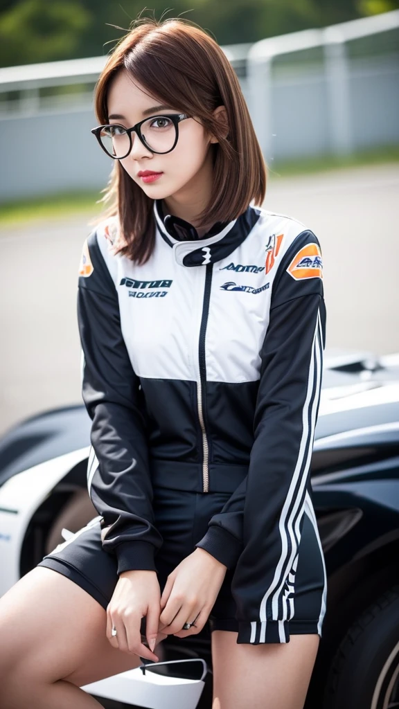 girl 23-year-old Hairstyle Casual, F with glasses wearing racing suit on race track at evening and rainy