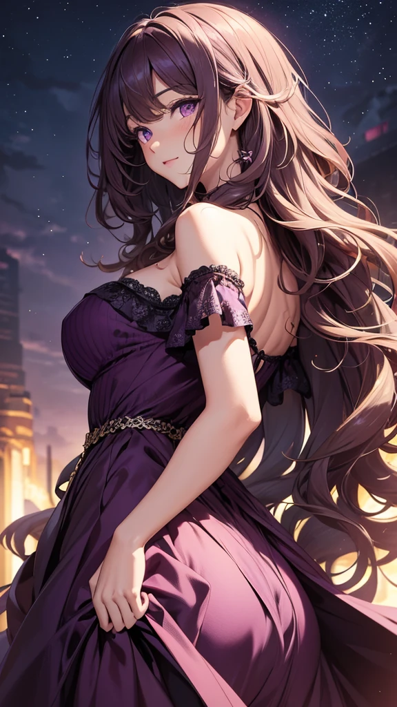 detailed back ground, work of art, best qualityer, 1 person , curly hair, long hair, purples eyes, star in the eyes , strapless blouse, longskirt