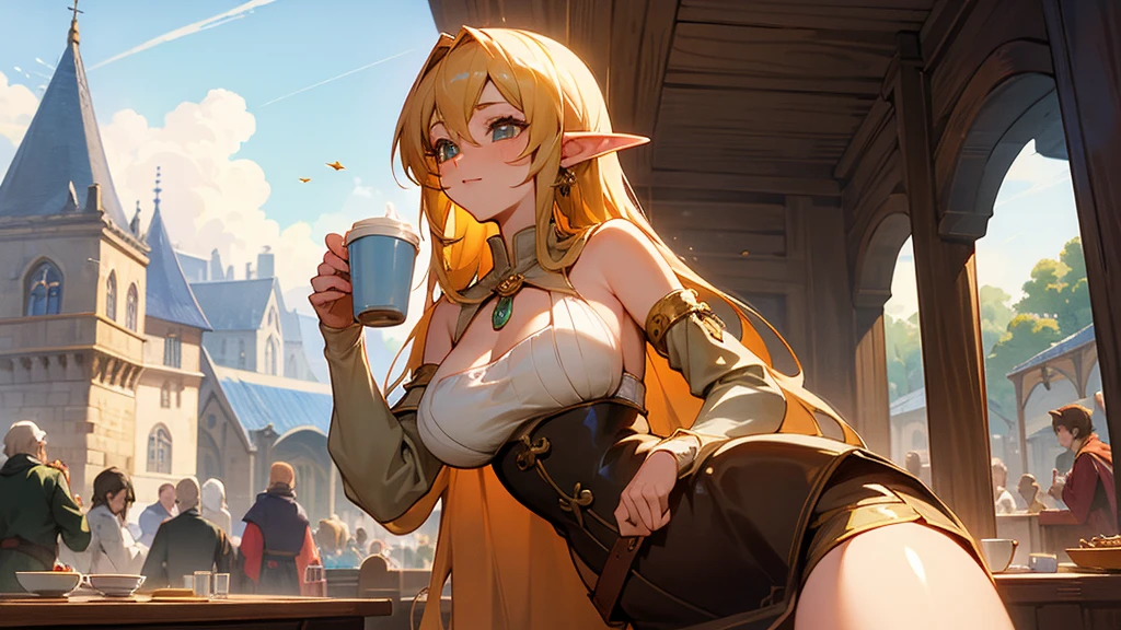 Anime Style,Nostalgic,Detailed background,The medieval world,A lively coffee shop with lots of people,Beautiful sky,Beautiful bard elf girl holding coffee,Large Breasts,Healthy thighs,Underarm
