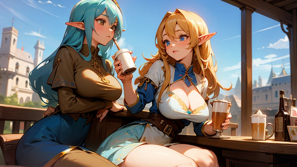 Anime Style,Nostalgic,Detailed background,The medieval world,A lively coffee shop with lots of people,Beautiful sky,Beautiful bard elf girl holding coffee,Large Breasts,Healthy thighs,Underarm