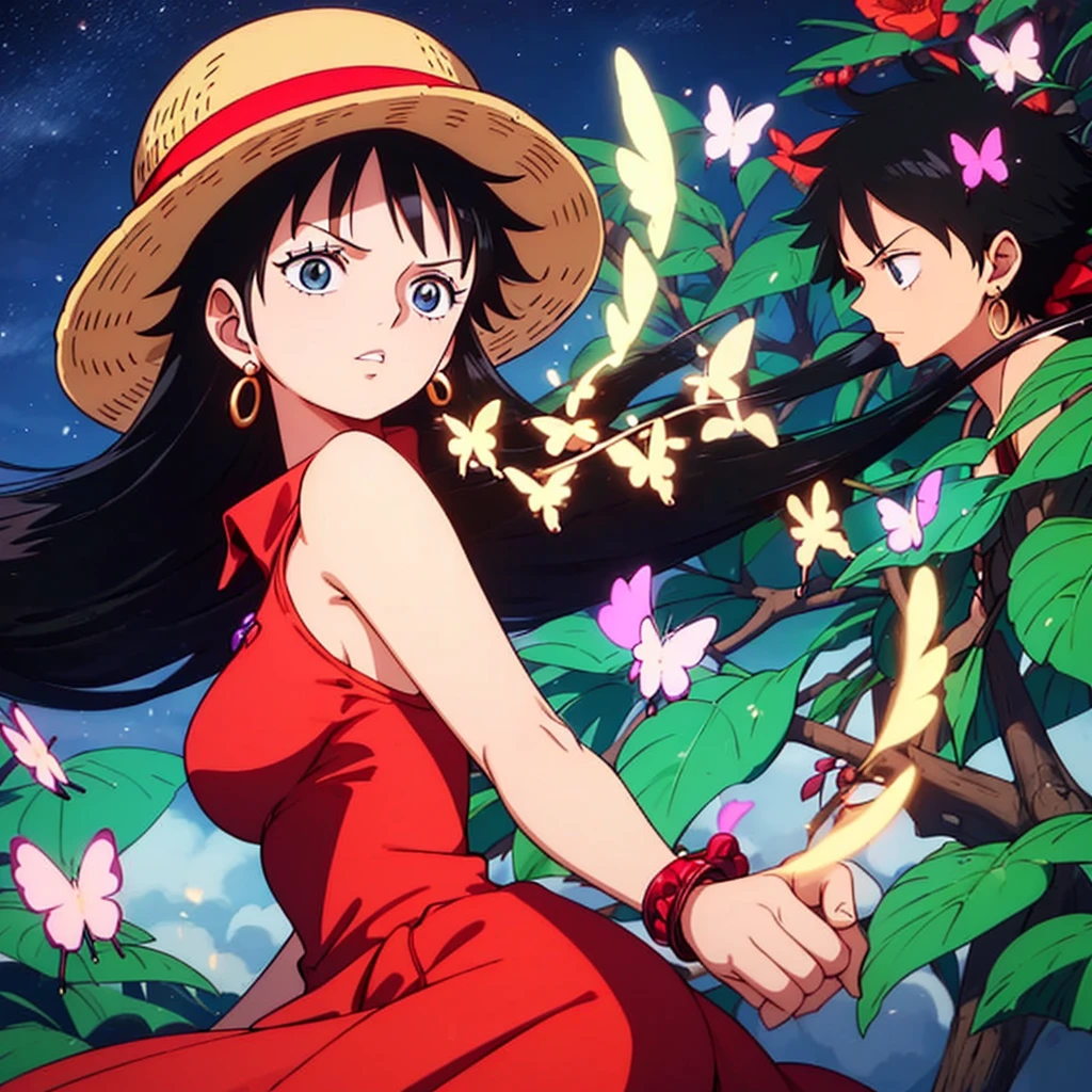 1girl, monkey d luffy, female, gender-bend, stawhat, solo, butterfly, bug, jewelry, earrings, black hair, straw_hat, long_hair, looking_at_viewer, bare_shoulders, parted_lips, upper_body, breasts, dress, from_side, shirt, bangs, black_ribbon, flower, blue_eyes, stud_earrings, eyelashes, blue_theme, night, upper body, (black eyes) (perfect body shape)