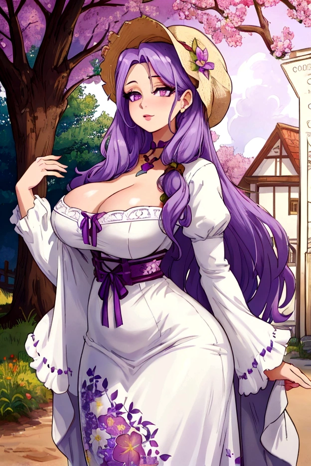 A woman with very long straight light purple hair, beautiful light purple eyes, White skin, Big breasts, thin waist, big hips, granary, vintage floral dress, under a tree, stardew valley style