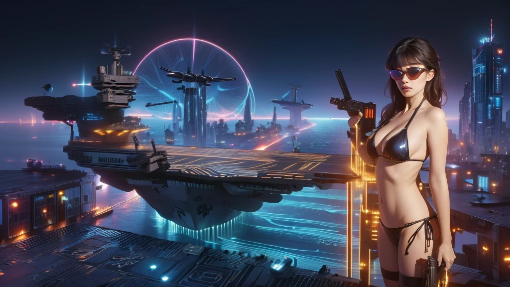(((a large-breast bikini slim GIRL with black (micro) sunglasses))), (((((aiming at viewer with a pistol))))), a balcony of a futuristic building, aerial view of an ultra-futuristic megalopolis, metal buildings and houses in dark colors from dark blue to black, shades of metal gray, smoky metal structures, industrial environment with smoke and fog around, dark cars on the streets, desert megalopolis, modern metal rails and trains passing through, tall futuristic metal buildings, ultra modern buildings, (((((futuristic aircraft carrier))))), realistic, detailed, sci-fi.