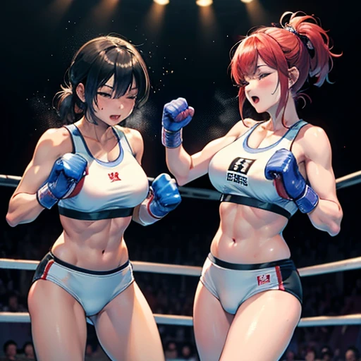 Boxing in the ring。Dynamic punch。Two Japanese female heavyweight boxers。Sweating a lot。One eye closed, out of breath。Drooling。Boxing gloves。Sports Bra。High leg panties。