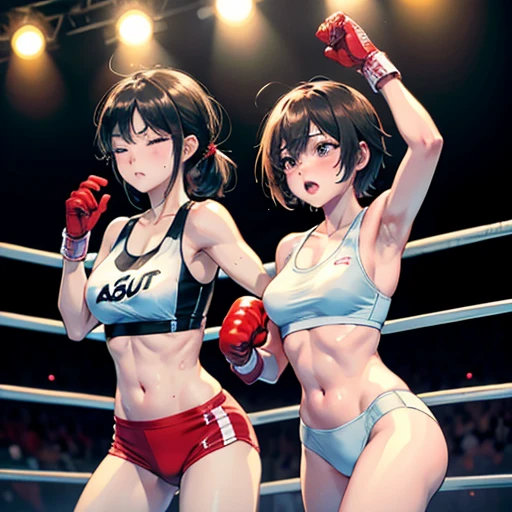 Boxing in the ring。Dynamic punch。Two Japanese female heavyweight boxers。Sweating a lot。One eye closed, out of breath。Drooling。Boxing gloves。Sports Bra。High leg panties。