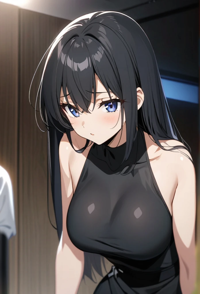 Anime girl with black hair in black saree busty