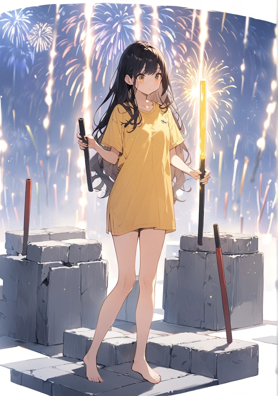 hyundai, night view, night, The Dark Sea, backlight, artificial background, cement ground, fireworks sticks, Prompt young woman, standing posture, whole body, long straight hair, skinny body type, Loose yellow t-shirt, fireworks sticks을 든 손, bare legs, Barefoot,