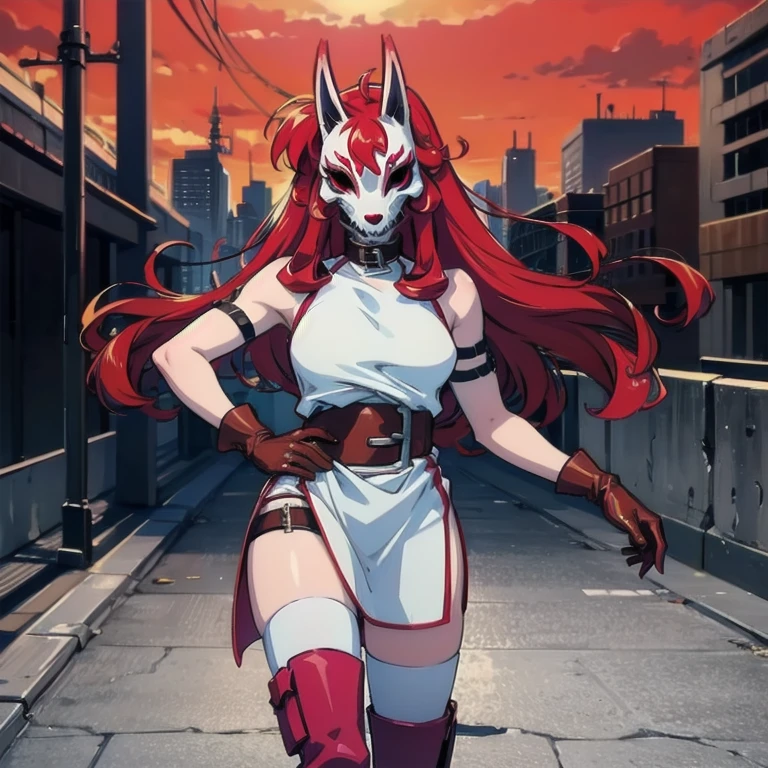 neonred, fox mask, sleeveless, gloves, thighhighs, knee boots, belt, red hair, 1girl, solo, facing viewer, looking at viewer, upper body. 