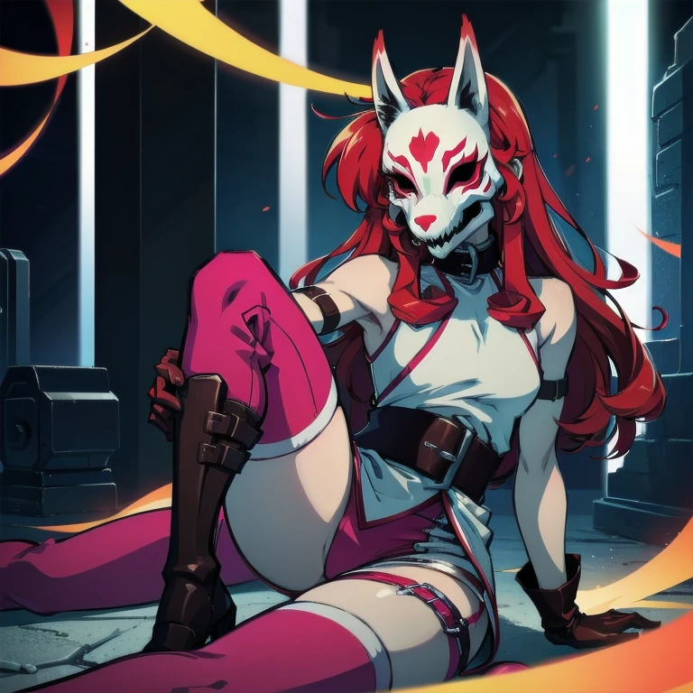 neonred, fox mask, sleeveless, gloves, thighhighs, knee boots, belt, red hair, 1girl, solo, facing viewer, looking at viewer, upper body. 