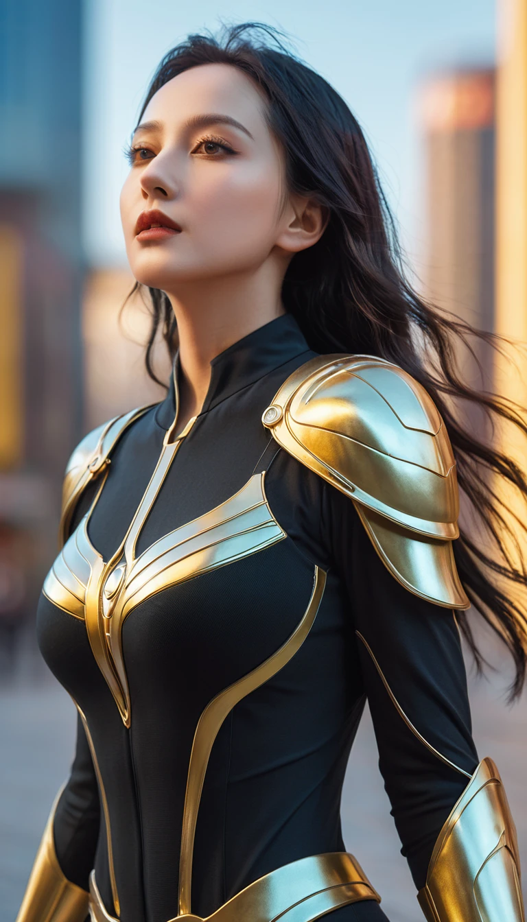 masterpiece,quality,Best quality,official art,(Beauty and aesthetics:1.2),(masterpiece:1.3), (8K, Realistically, RAW photo quality is the best: 1.4), Beautiful face, (Realistic face),Ultra-high resolution, Ultra-realistic photos, The content is very detailed, Golden Ratio, (Energetic:1.3),(saturation:1.3),Unreal Engine, (High Detail: 1.9),(woman:1.4),(Sexy body),Mature woman,Black wings background of future city,Medium portrait,drama,(magic),(middle Ages:1.8)
