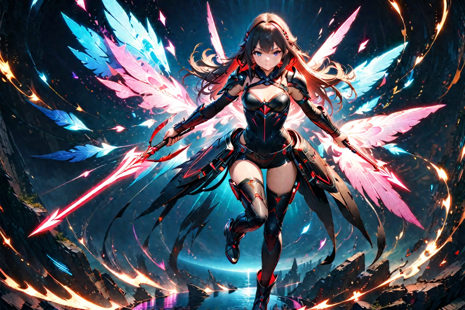 (anime character pulling a sci-fi bow with the hands), the girl floating in the sky, 2.5d cgi anime fantasy artwork, extremely detailed art, detailed digital fantasy art, 8k high quality detailed digital art, ((full body)), the legs are seen wearing full black armor, dark background with neon lights, this beautiful girl is a professional archer, 1 bow, 1 arrow, there is an arrow holster on the back