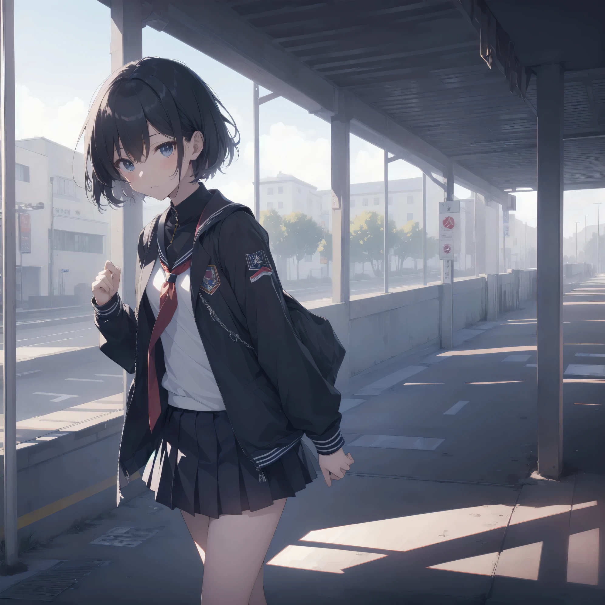 ultra-absurdres-Top quality by artist God, ultra-detailed, high resolution, anime moe artstyle, best anime 8k konachan wallpaper, pixiv contest winner, pool:2810, perfect anatomy,break, 1girl, (Please draw a girl walking sleepily to school alone. )break,(Solo,little female, 13-year-old:1.3),Full limbs, complete fingers,a junior high school student, (very short hair), short cut, flat chest, , small butt, small black eyes, beautiful detailed eyes, well-proportioned iris and pupils, expressive eyes, highres detailed hair, soft expression, salor school_uniform, sailor collar, serahuku, bow, pleated skirt,(Detailed Lighting), (Detailed background), in the School commute route. break,super detailed skin, Best cinematic lighting powered by famous artist, 8k,beauty illustration,photoshop_(medium),very aesthetic,break,((artist:toosaka_asagi )), artist:clamp ,artist:carnelian ,artist:kantoku ,
