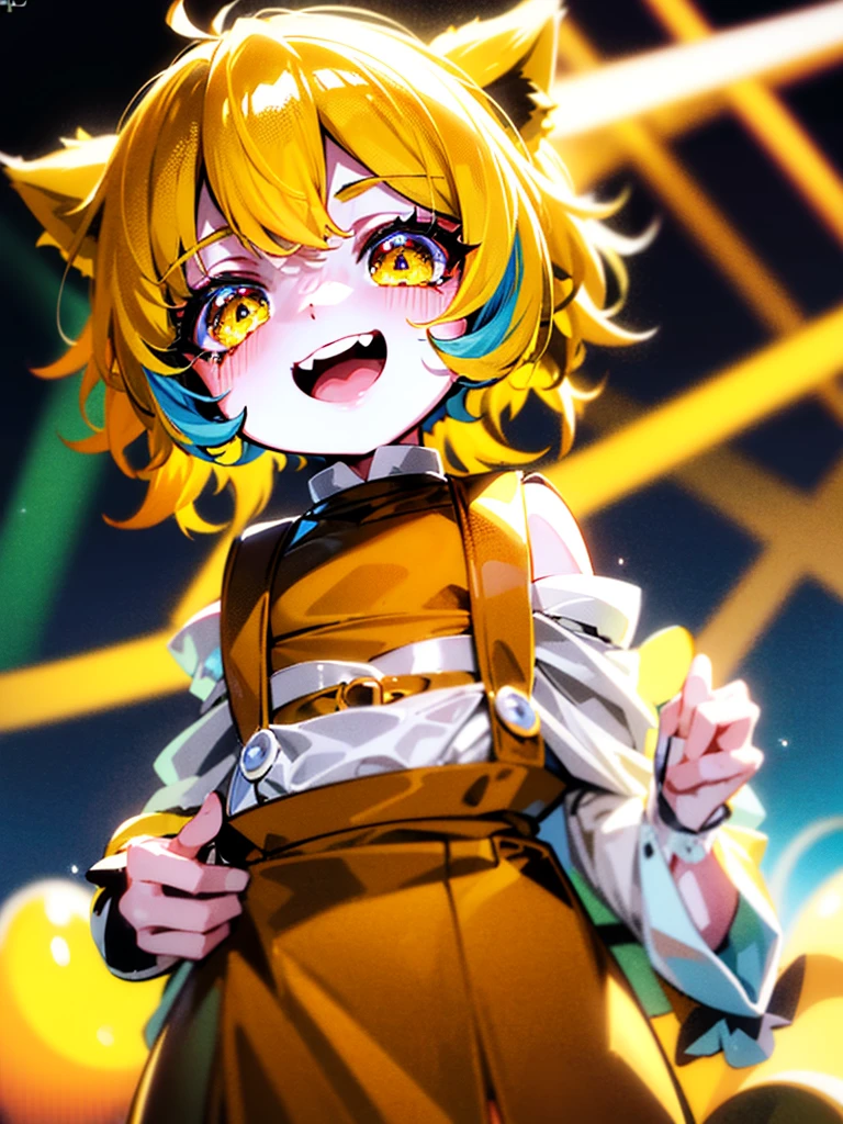 1baby loli anime girl, nekomimi, portrait, loli anime girl with short yellow hair wearing maid outfit, yellow hair, (green emelard eyes color), close up face, detailed eyes, detailed hair, emotional lovely happy expression, crystal glowing eyes, cinematic lighting, extremely detailed body, face, clothes, (best quality,4k,8k,highres,masterpiece:1.2),ultra HD, masterpiece, very very anime style, bokeh, starry shining lighting, original characters, low angle,