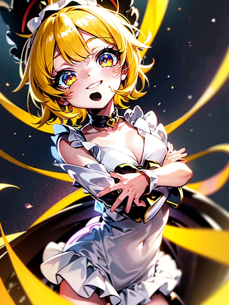 1baby loli anime girl, nekomimi, portrait, loli anime girl with short yellow hair wearing maid outfit, yellow hair, (green emelard eyes), close up face, detailed eyes, detailed hair, emotional lovely happy expression, crystal glowing eyes, cinematic lighting, extremely detailed body, face, clothes, (best quality,4k,8k,highres,masterpiece:1.2),ultra HD, masterpiece, very very anime style, bokeh, starry shining lighting, original characters, low angle, 