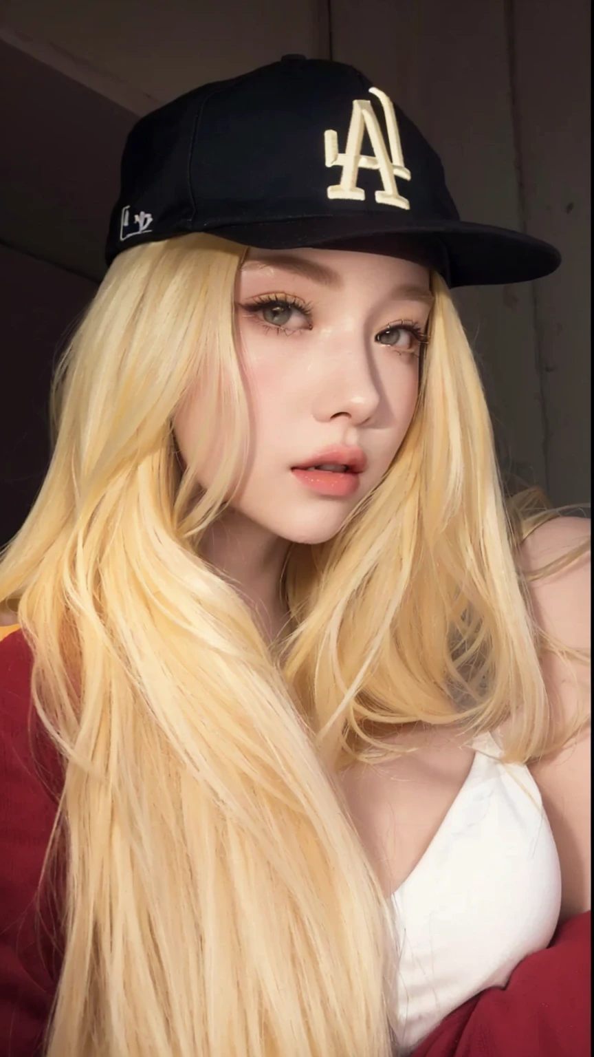 a Close up of a woman with long blonde hair wearing a baseball cap, Cl, ava max, parque roseanne de blackpink, light yellow hair, extremely light blonde hair, with white long hair, with long blonde hair, A girl with blonde hair, long YELLOW hair, medium yellow blonde hair, with long white hair, Asian with long hair, very light blonde hair