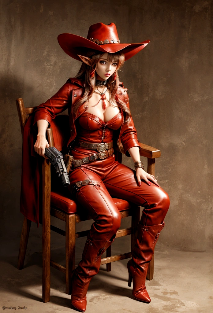 cowboy woman sitting on a chair with a red leather cowboy hat with elf-type ears, realistic anime style, with a cowboy gun in her hands, full body cowboy heels