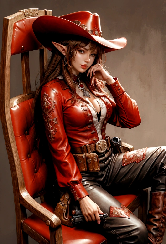 cowboy woman sitting on a chair with a red leather cowboy hat with elf-type ears, realistic anime style, with a cowboy gun in her hands, full body cowboy heels