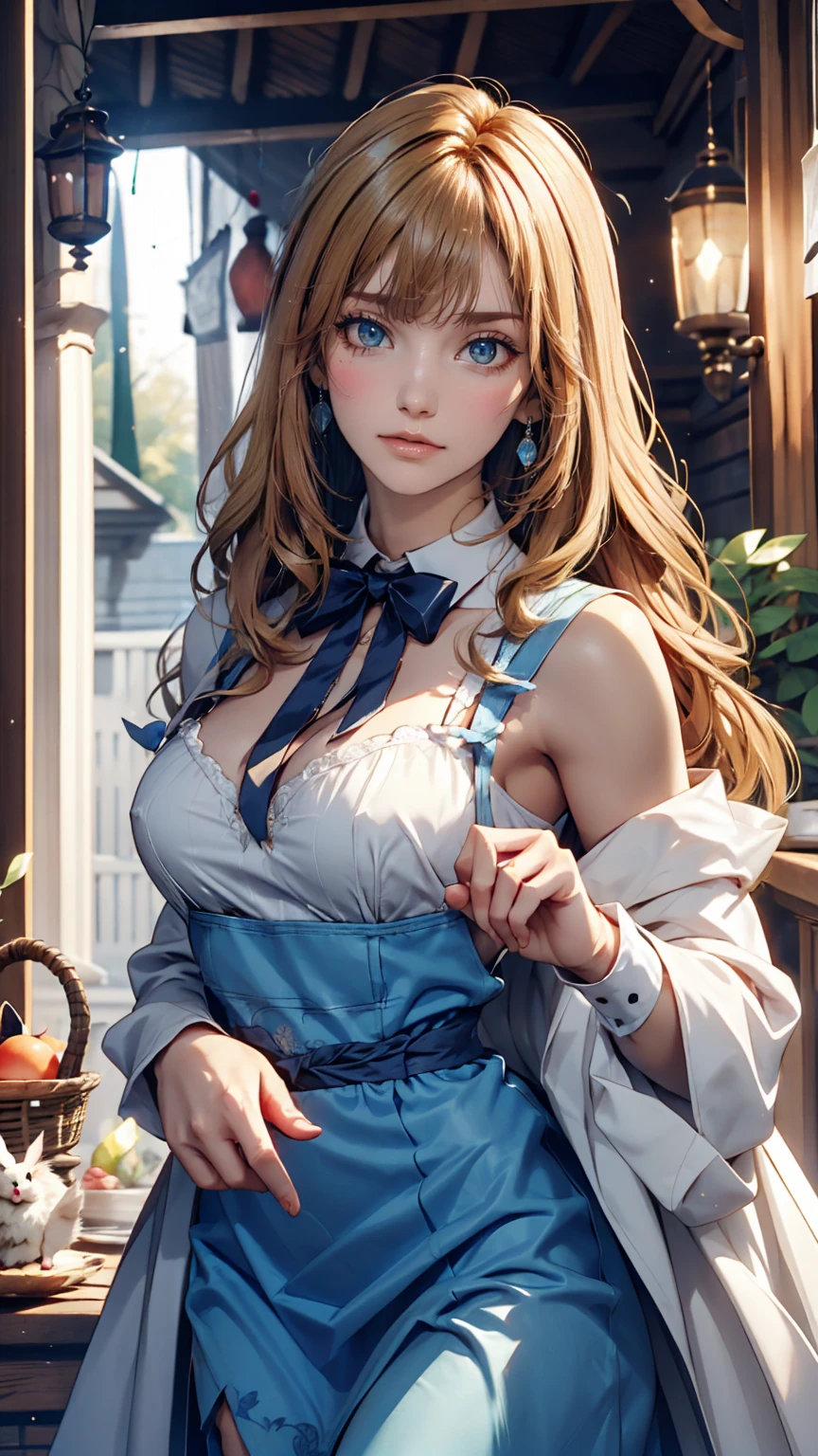 Alice in Wonderland、Wear a blue apron dress、Blonde、long hair、Hair becomes wavy、Put a big ribbon on your head、Chasing a tuxedo-wearing rabbit on two legs