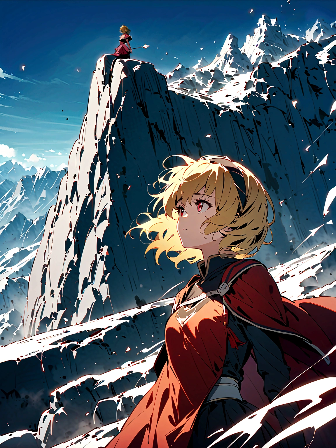 (houjou_Satoko), (Blonde), Red eyes, short hair, hair band, Small breasts, 1girl, 独奏, (bow), Alpine Cliffs, Archer, arrow, Wind, Cloth to wear, high place, Solitary, Gazing at the sky, Looking into the distance, Vast views, Lonely