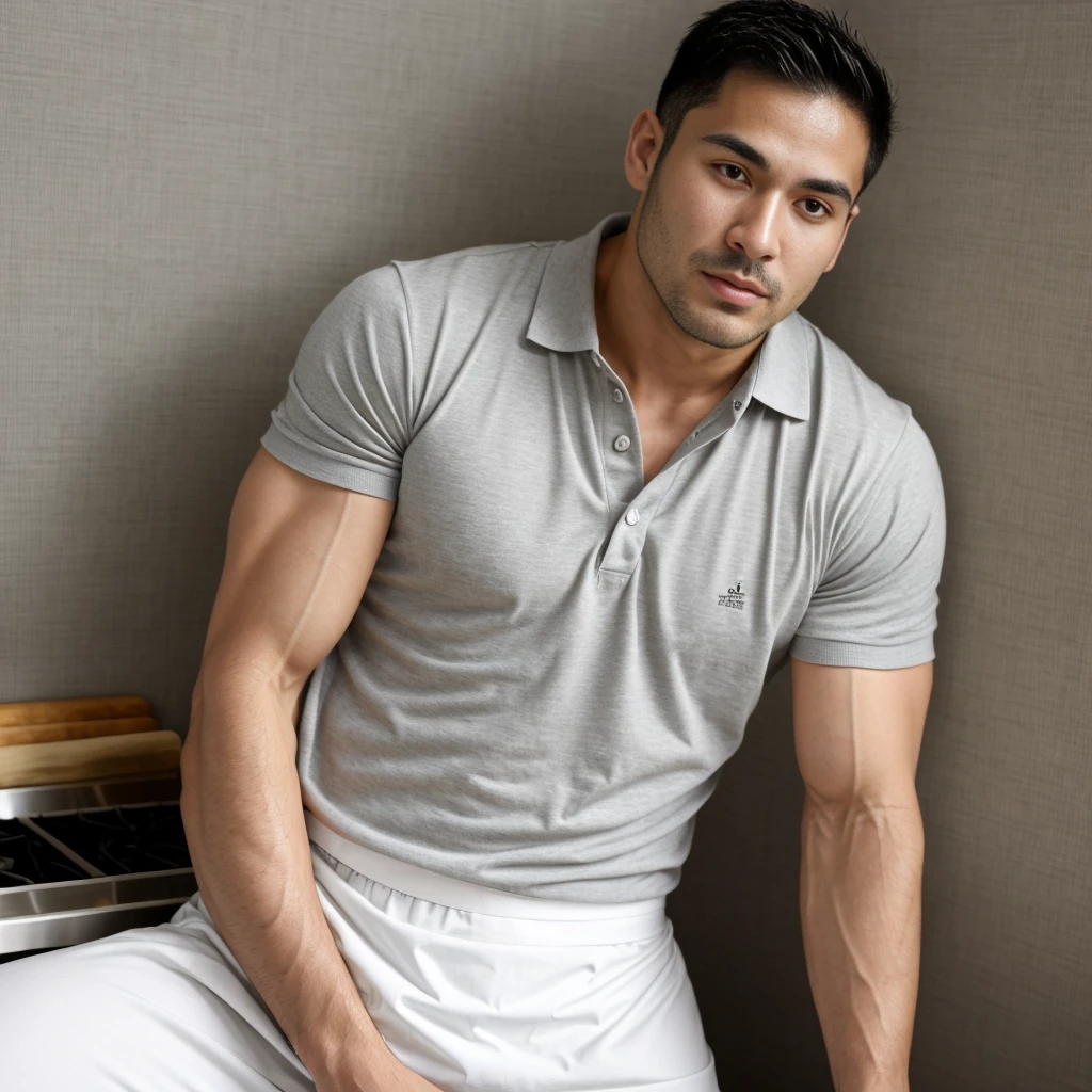 ,Japan,man，He is about 30 years old.，Rough and handsome appearance，Big muscles，large pectoral muscles，polo shirt park，Big waistline，chest hair，sitting on the roadside，Wearing the tongs，buzz cut, angry, sullen, best quality, Masterpiece，(Kitchen Background:1.5)，（Have muscles：4.5），（fat：1.5），（gray hair：1.5 ），（gray body hair：1.5），（skin wrinkles：1.5），（shine on the skin：1.5），