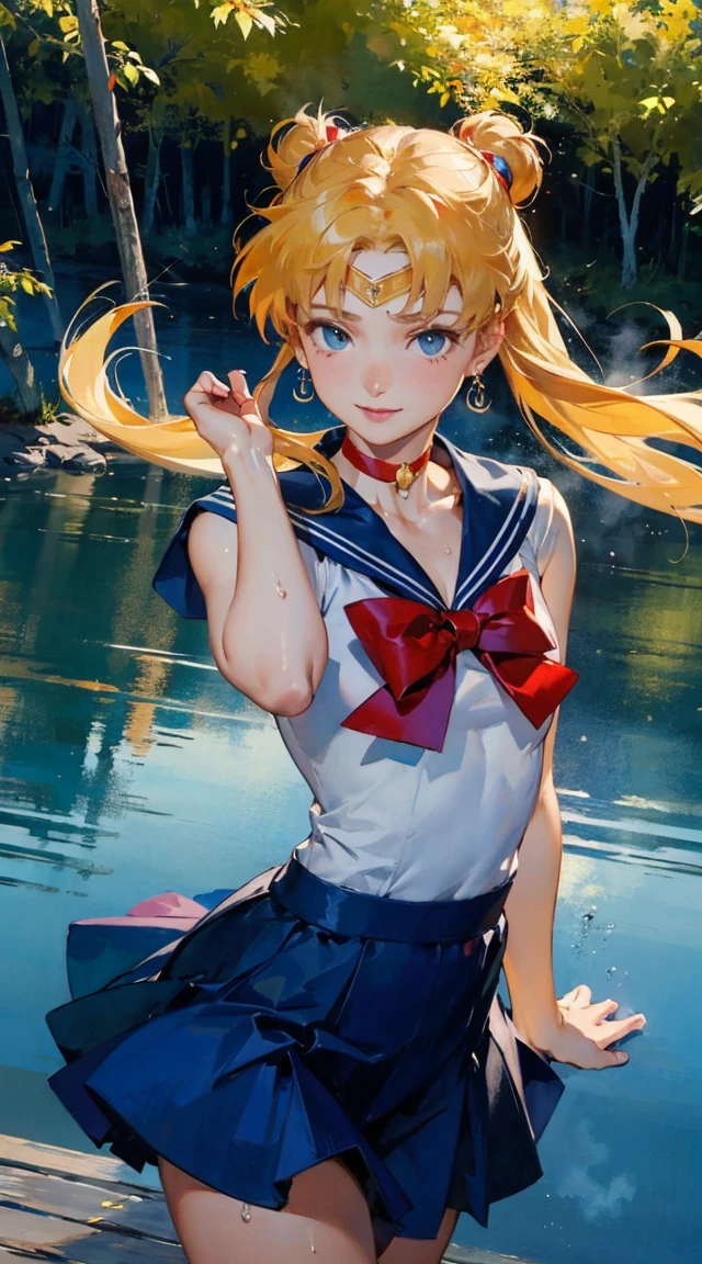 ((masterpiece)), (best quality), official art, extremely detailed CG,
1girl, sailor moon, blue eyes, blonde hair, long hair, hair bun, jewelry, sailor senshi uniform, blue sailor collar, red choker, twintails, red bow, blue skirt, holding binoculars, outdoors, forest, Realistic portrait of the protagonist of the anime Sailor Moon (Super detailed,ultra high resolution,detailed background),((2D)),((flat color)),((colorful)),((floating colorful water)),1 girl,alone,looking at the viewer,break girl, sweat, steam, medium breast, shy, detailed hand, shy, light smile, looking at viewer,
