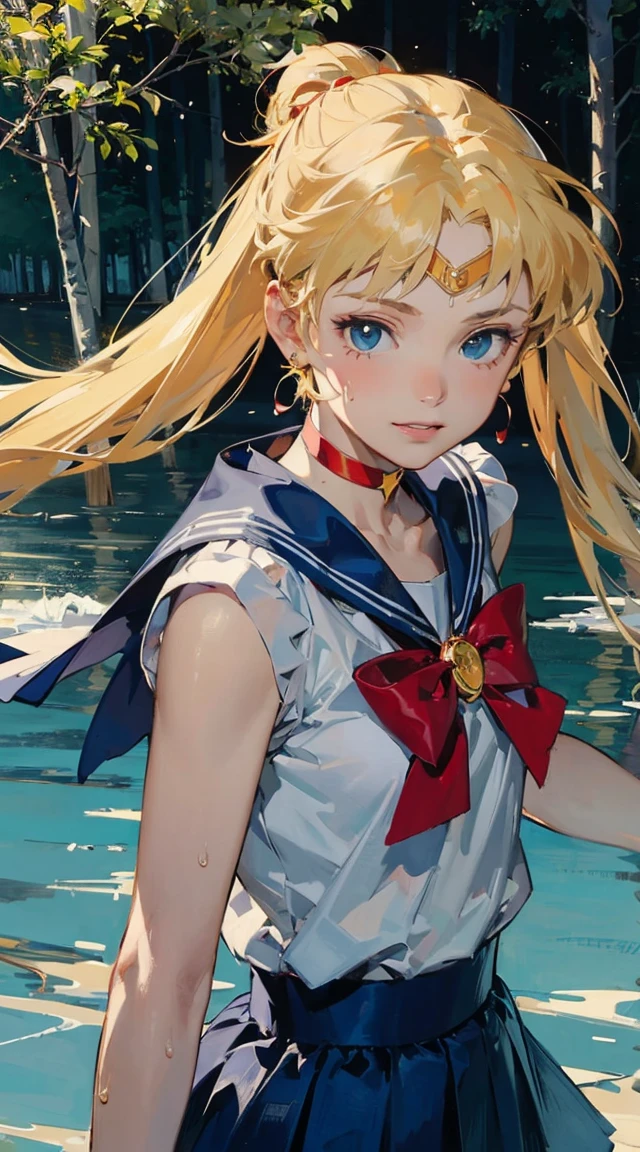 ((masterpiece)), (best quality), official art, extremely detailed CG, 
1girl, sailor moon, blue eyes, blonde hair, long hair, hair bun, jewelry, sailor senshi uniform, blue sailor collar, red choker, twintails, red bow, blue skirt, holding binoculars, outdoors, forest,  Realistic portrait of the protagonist of the anime Sailor Moon　(Super detailed,ultra high resolution,detailed background),((2D)),((flat color)),((colorful)),((floating colorful water)),1 girl,alone,looking at the viewer,break　girl, sweat, steam, medium breast, shy, detailed hand, shy, light smile, looking at viewer,