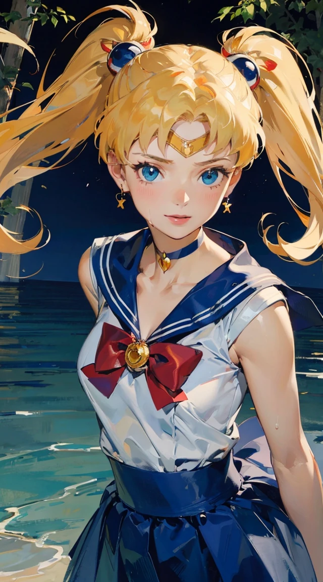 ((masterpiece)), (best quality), official art, extremely detailed CG,
1girl, sailor moon, blue eyes, blonde hair, long hair, hair bun, jewelry, sailor senshi uniform, blue sailor collar, red choker, twintails, red bow, blue skirt, holding binoculars, outdoors, forest, Realistic portrait of the protagonist of the anime Sailor Moon (Super detailed,ultra high resolution,detailed background),((2D)),((flat color)),((colorful)),((floating colorful water)),1 girl,alone,looking at the viewer,break girl, sweat, steam, medium breast, shy, detailed hand, shy, light smile, looking at viewer,