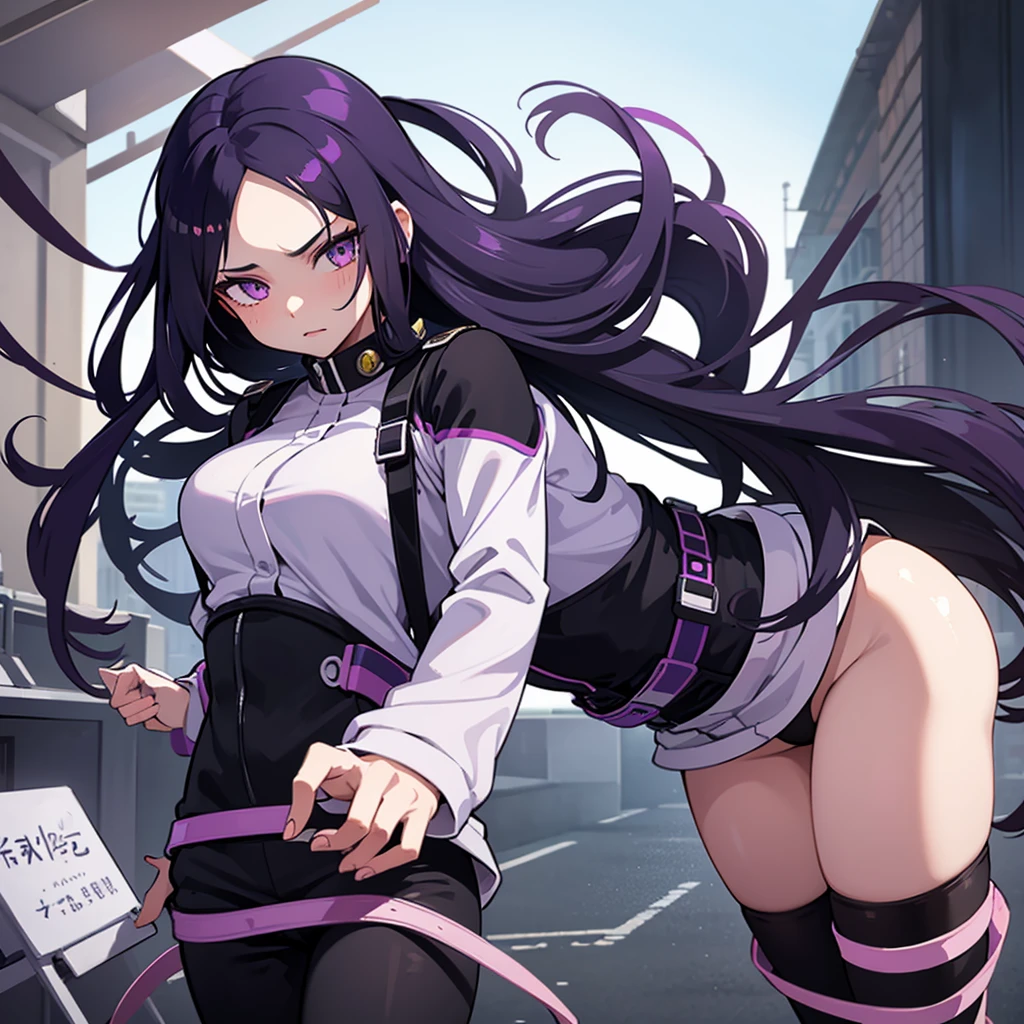 16 year old girl with long black wavy hair and purple eyes with manipulation powers, forehead injury in UA Boku No Hero Academia