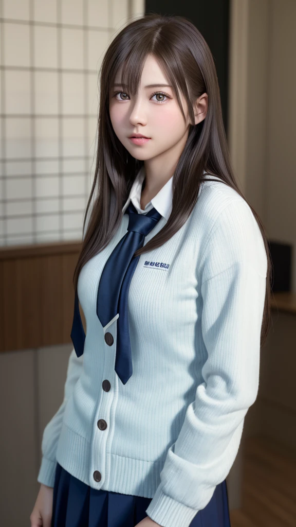 8K, Highest quality, Tabletop:1.2), (Realistic, Photorealistic:1.37), Highest quality, Tabletop, Beautiful young woman, Pensive expression,、attractive、そしてattractive表情, high school girl，uniform, Tie your hair back, Movie Background, Light skin tone