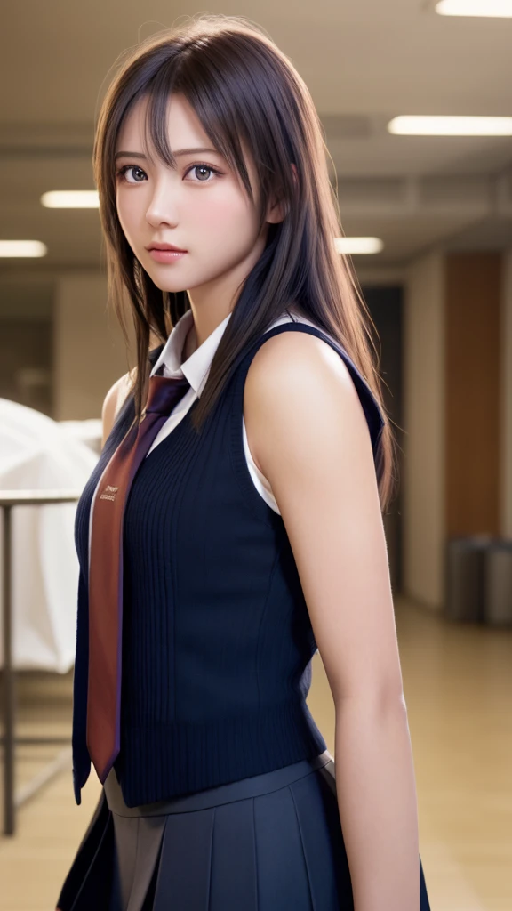 8K, Highest quality, Tabletop:1.2), (Realistic, Photorealistic:1.37), Highest quality, Tabletop, Beautiful young woman, Pensive expression,、attractive、そしてattractive表情, high school girl,uniform, Tie your hair back, Movie Background, Light skin tone