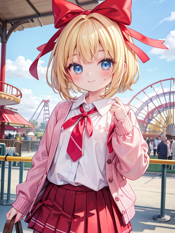 masterpiece, Highest quality, Very detailed, 16K, Ultra-high resolution, Cowboy Shot, 10-year-old girl, Detailed face, (smile:1.5), blue eyes, Blonde, Braid, Red ribbon on head, Daytime, amusement park, Yellow blouse, Red ribbon tie, Pink Cardigan, Brown Skirt, Pleated skirt