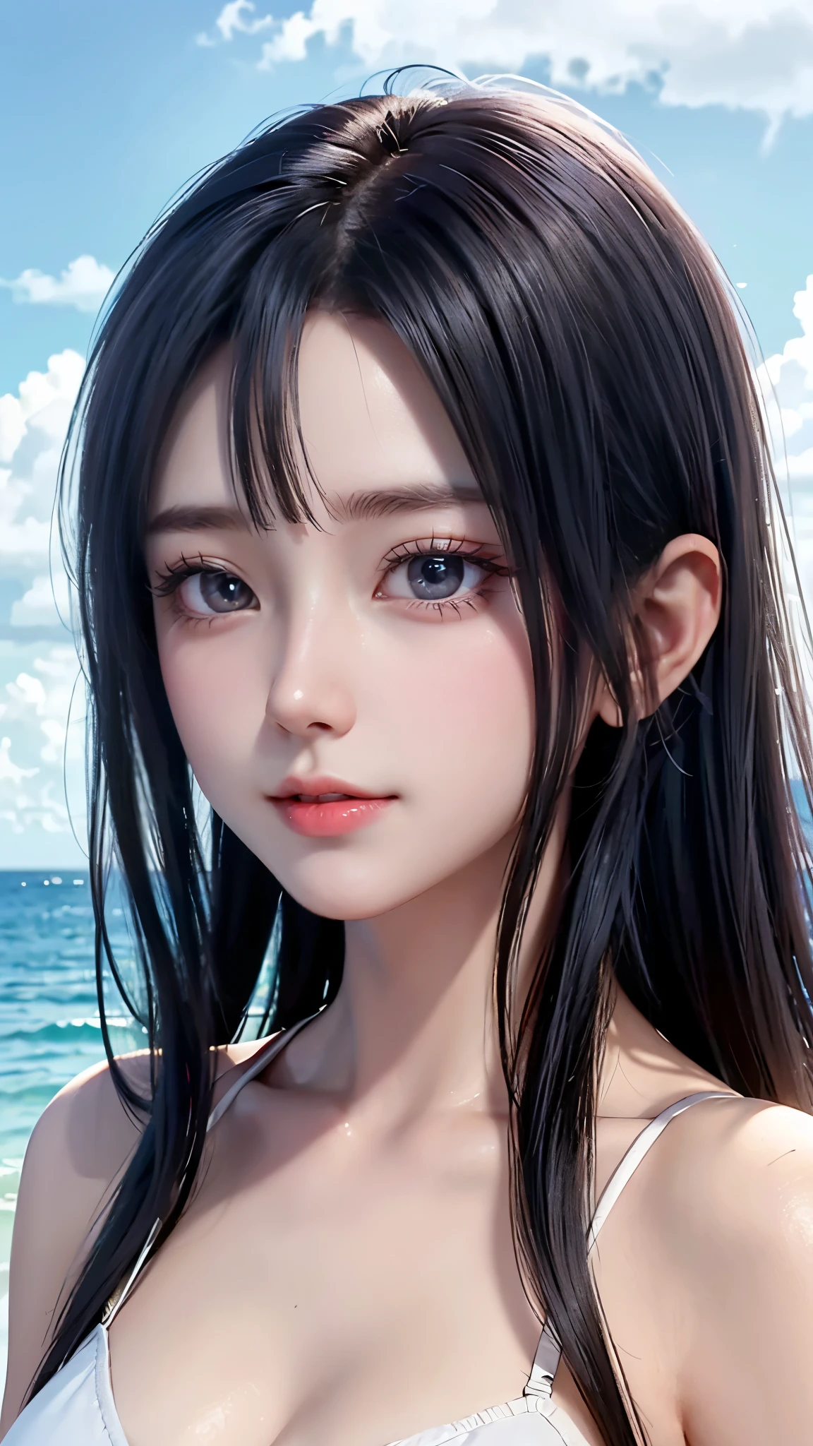 One Girl，(1人のとてもcute女の子:1.3)，masterpiece，Highest quality，High resolution，From below，Photorealistic，RAW Photos，Ray Tracing，beautiful girl，(15 years old:1.3)，cute，Big eyes，(detailed pupils:1.2)，(The face is facing straight ahead:1.3)，Body facing forward，Beautiful nose，Fuller lips，Short black hair，ponytail，short hair，Detailed eyelashes，Thin eyebrows，Very fine grain definition，(Symmetrical eyes:1.3)，(Face close-up，Face Focus:1.0)，Small breasts，Short neck，White swimsuit，White Bikini，The background is the sea，Southern Island，Blue sky，White cloud，Portrait，View Viewer，Upper Body，Cinema Lighting，High resolution，Very detailed