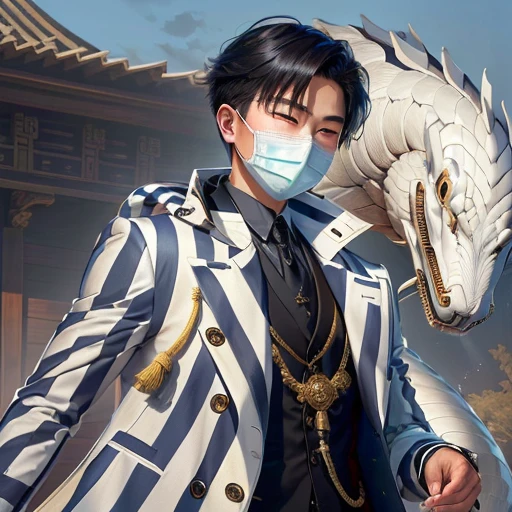 a handsome asian boy in a striped coat with the white snake on his neck, wearing a bandage mask