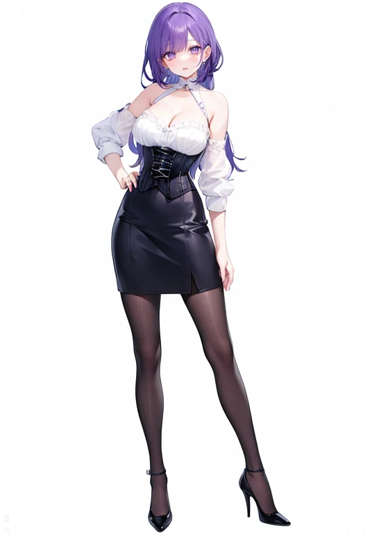 ((Perfect Face)),Purple Hair,long hair,1 female,bartender,corset,High heels,,((Simple White background)),((smile)),((full body)),((whole body)),Portraits,virtual,upright,