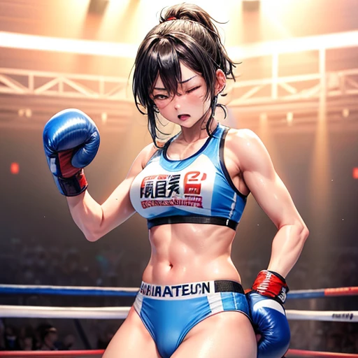 Boxing in the ring。Dynamic punch。Two injured Japanese female heavyweight boxers。Sweating a lot。One eye closed, out of breath。Drooling。Boxing gloves。Sports Bra。High leg panties。